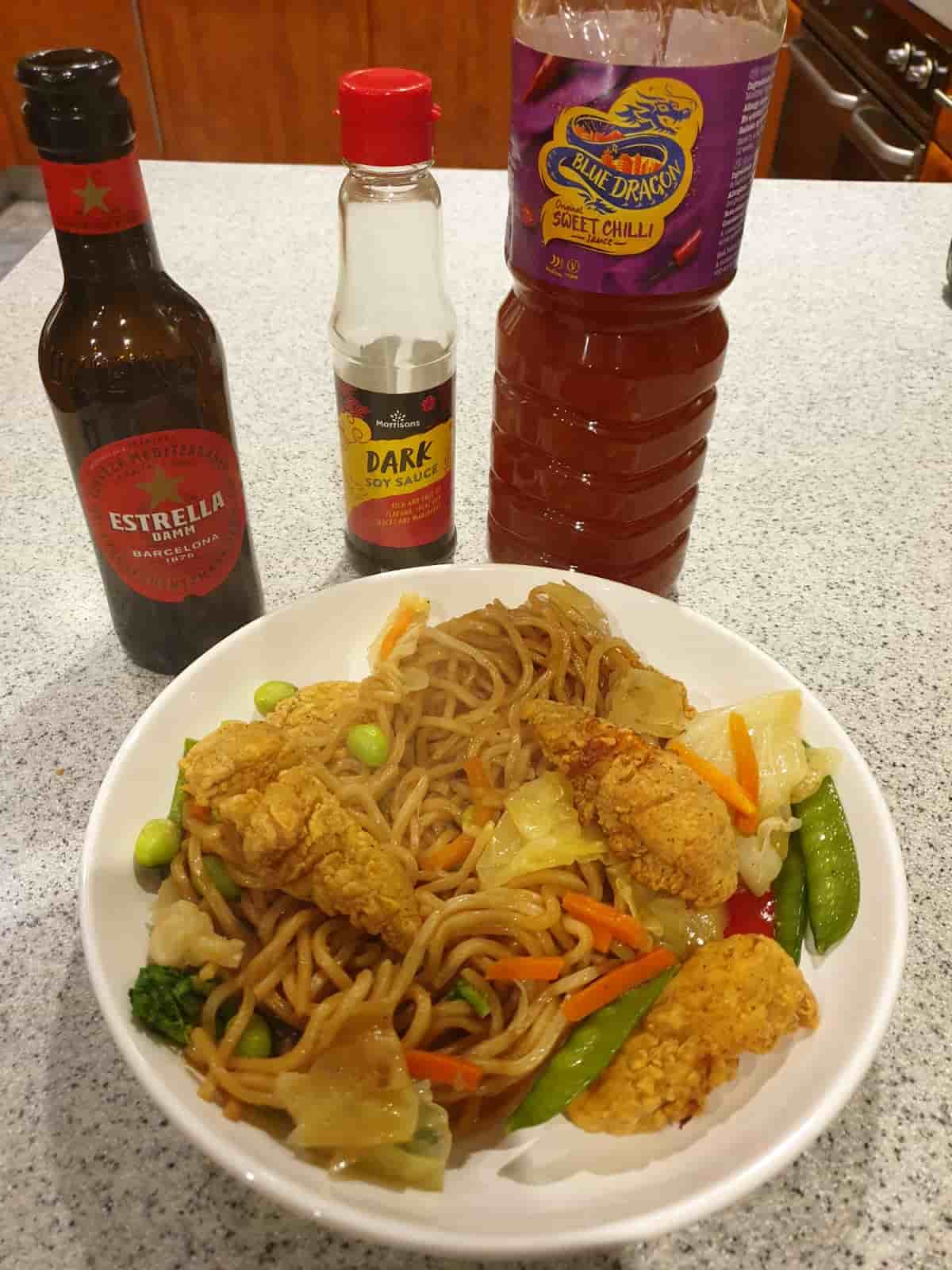 costco noodles with fiery chicken nuggets