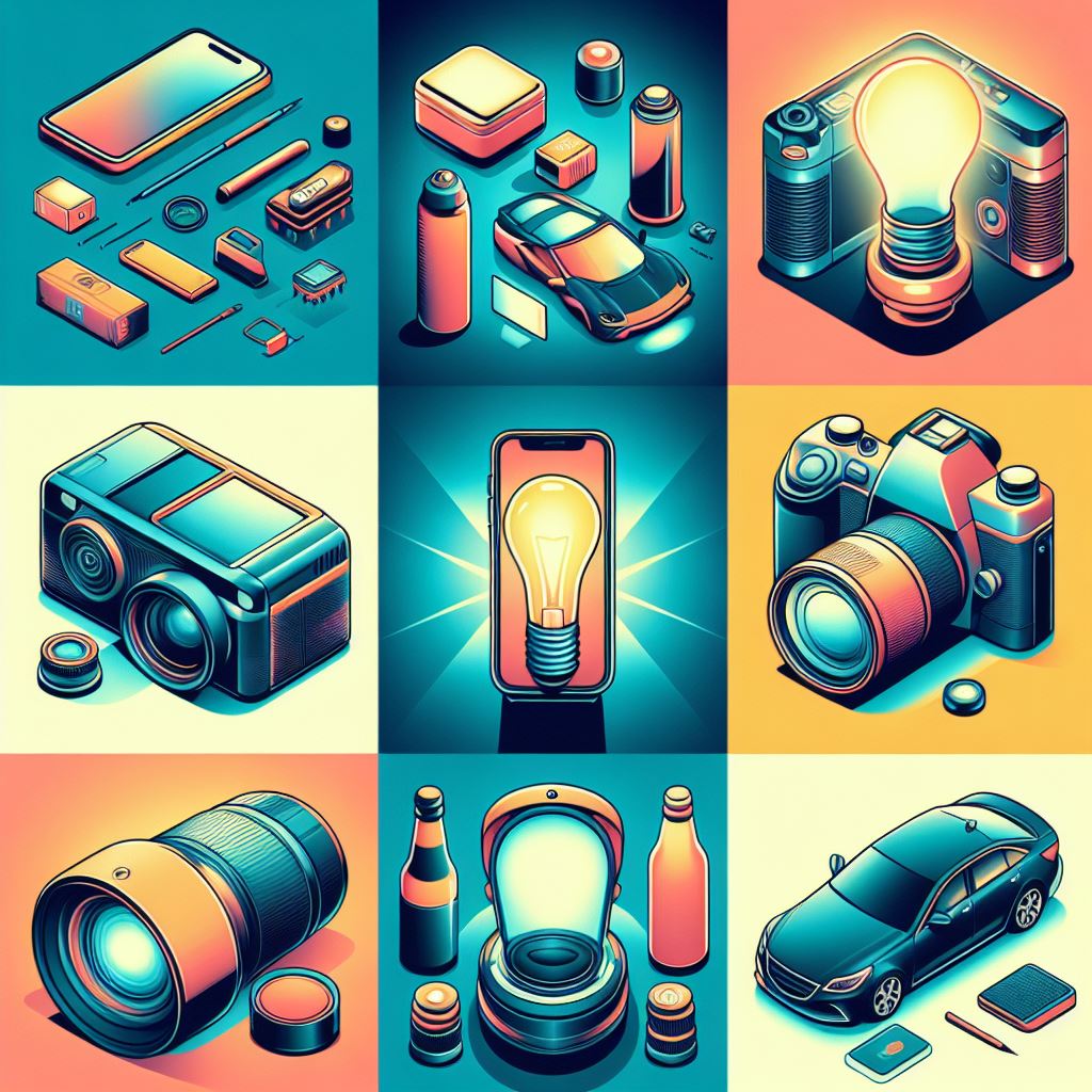 A collage of various products – a phone, camera, car – all representing the concept of novelty.